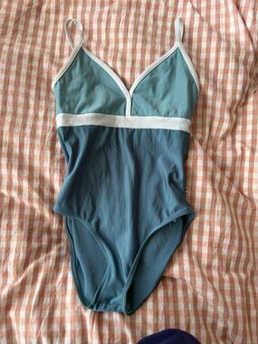 Yumiko Zoe Two-Tone Teal & Blue Leotard with White Trim